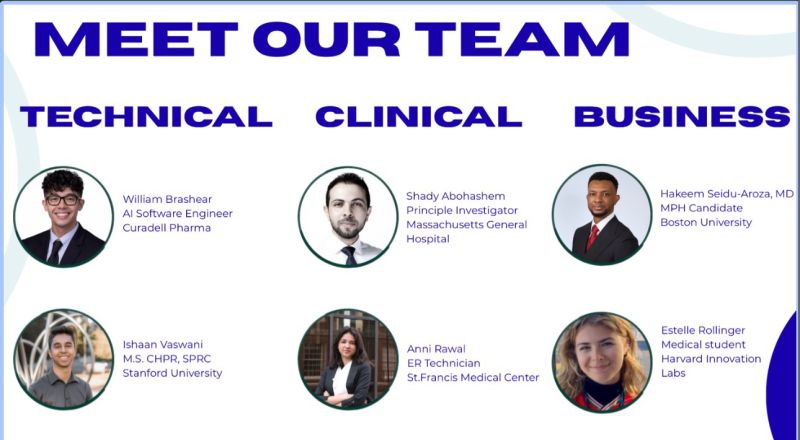 Presentation slide introducing the technical, clinical, and business members of the UpstreamX.ai team